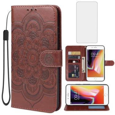 Imagem de Bohefo Capa para iPhone 6, capa carteira para iPhone 6S com protetor de tela de vidro temperado, capa flip de couro mandala em relevo com suporte para cartão de crédito para Apple iPhone 6 marrom