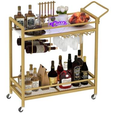 Imagem de LAATOOREE Carrinho de Bar, Carrinho de Servir Bar Doméstico de Duas Cores, Carrinho Móvel de Bebidas com 2 Prateleiras de Armazenamento, Carrinho de Cozinha com Suporte para Vinho e Suporte de Vidro,