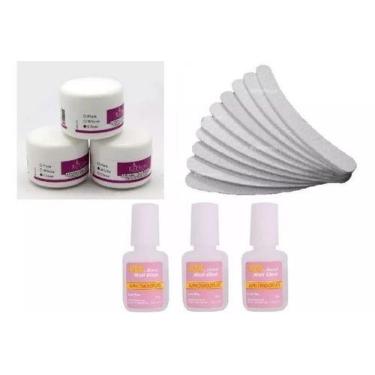 Imagem de 3 Pó Acrílico Transparente 14g + 10 Lixas Banana + 3 Colas - Mr Vendas