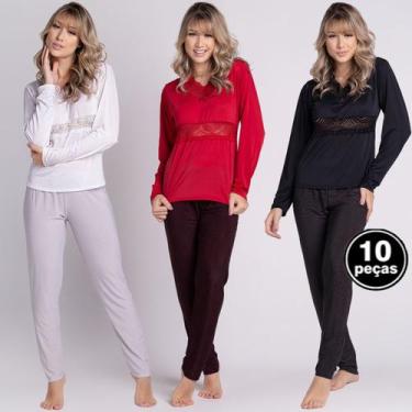 Imagem de Kit 10 Pijamas Vekyo Feminino Longo Liganete Renda Luxo, Mulher, G, So