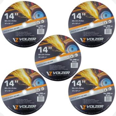 Imagem de Kit 5 Discos de Corte Policorte Volzer Aço Inox 14 Pol x 3mm x 1 Pol