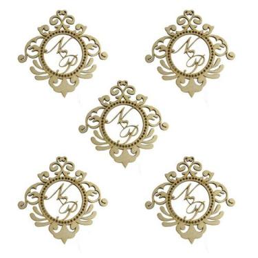 Imagem de 10 Aplique Brasão Casamento Personalizado Arco Furo 12cm Mdf Madeira C
