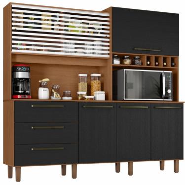Imagem de Armário de Cozinha Zanzini Mega 6 portas 3 gavetas com adega e nicho com 207 cm de Largura Cinamomo/Preto Catedral