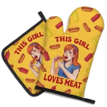 Imagem de DYJYBMY This Girl Loves Meat Conjunto engraçado de luvas de forno e suporte de panela, utensílios de cozinha engraçados para mulheres, presentes de inauguração de casa para amantes de assar, chef,