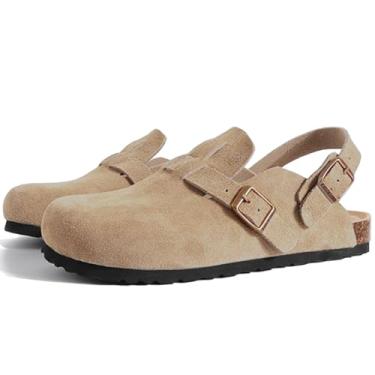 Imagem de GOKAR Tamancos femininos de camurça, slingback para mulheres, tamancos com alça, sandálias femininas de cortiça, Cáqui claro, 10 Women/9 Men