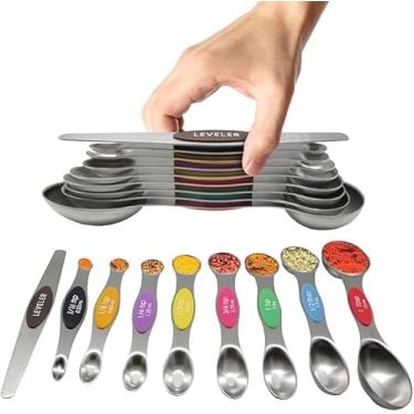 Imagem de Conjunto de colheres de medição magnéticas de aço inoxidável com nivelador, colher de sopa de metal empilhável para assar, conjunto de copos e colheres, utensílios de cozinha, itens essenciais de