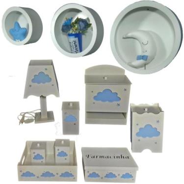Imagem de Kit Higiene bebê mdf 8 pçs + 3 Nichos Brancos NUVEM menino (Pronta Ent