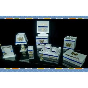 Imagem de Kit Higiene bebê Mdf 10 peças -  CHEVRON CINZA DE COROA - Flores para 