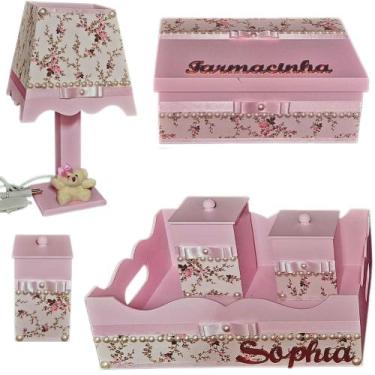 Imagem de Kit de Higiene de bebê madeira Mdf menina 6 pçs - ROSA E BRANCO FLORID