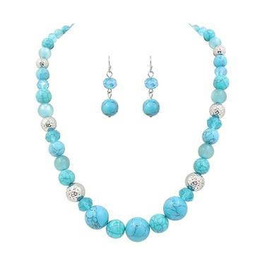 Imagem de Aenu Colar de contas de 8 a 18 mm, 45,7 cm, gargantilha graduada com contas grossas e conjunto de brincos para mulheres, Pedra, Sem Pedra Preciosa