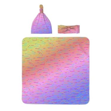 Imagem de Midaivu Cobertor de enrolar estilo pôr do sol para recém-nascidos com faixa de cabeça e conjunto de chapéu combinando, roupa para recém-nascidos voltando para casa, presente de chá infantil para 0 a 6