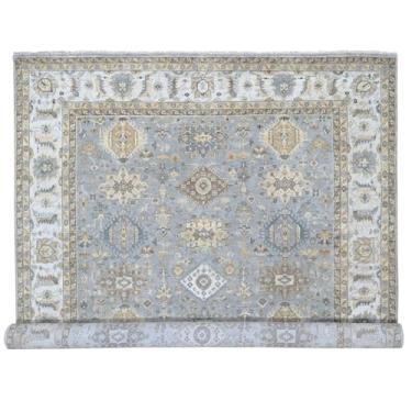 Imagem de Shahbanu Rugs Tapete oriental de lã pura cinza médio e design geométrico atado à mão (2,5 m x 3,5 m)
