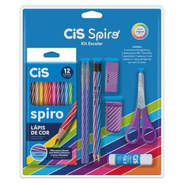 Imagem de Kit Escolar CIS Spiro 9 peças - 2 canetas esferográficas, 2 lápis pretos HB, 1 borracha, 1 apontador, 1 tesoura, 1 cola bastão e 1 caixa de lápis de cor com 12 cores, Roxo
