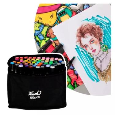 Imagem de Canetinha Touch 60 Cores - Estojo Profissional de Marcadores com Tampa Codificadas e Ponta Dupla - Conjunto De Marcador Permanente Para Crianças e Adultos para Colorir Pintar Esboçar - Linha Premium