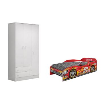 Imagem de Jogo Infantil Cama Car e Guarda Roupa Qmovi Branco - Móveis Leartam