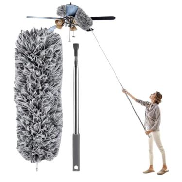 Imagem de Espanador Pó Extensível 2,80 Metros Microfibra Cabo Inox Ajustável Haste Flexível Retrátil Limpeza de Áreas Altas e Locais Difíceis Limpador de Tetos Armários Ventiladores Persianas