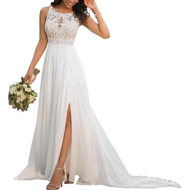 Imagem de Vestido De Noiva Civil Chiffon Praia Moda Nupcial Renda Vestidos De Noiva Com Decote Em V, Branco, White, 40