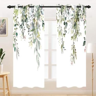 Imagem de TTQYFNM Cortinas de janela de folhas de eucalipto verde sálvia primavera aquarela floral rústica plantas botânicas cortinas de janela para quarto, sala de estar, cozinha, ilhós, tratamentos de janela