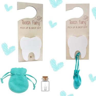 Imagem de Kit de 3 peças de fada dos dentes, suporte de dente de fada do dente com garrafa de armazenamento de dentes, bolsa de veludo e lembrança de slot para dinheiro, cabide de porta de dente de madeira para