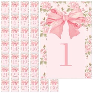 Imagem de FYSUIMU Números de mesa florais com laço rosa 1-30 Coquette Bowknot Flower Number Place Cards 10 x 6 polegadas Etiquetas com números de mesa para casamento, chá de bebê, recepção, festa