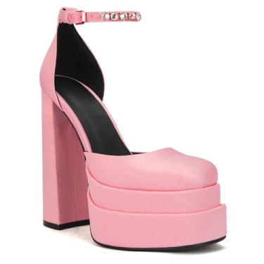 Imagem de THESHY Sapato feminino plataforma grosso salto alto bloco fivela tira no tornozelo sapato feminino moderno, Lago azul, 9