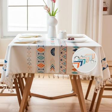 Imagem de Toalha de mesa Farmhouse Wipeable vinil impermeável revestimento à prova de derramamento capa de mesa algodão linho antiderrapante branco azul boho mesa cozinha festa decoração retângulo, 55" × 86"