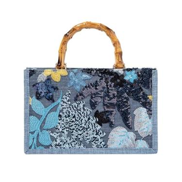 Imagem de Abvokury Bolsa de mão bordada de lantejoulas com alça de bambu floral para festa de casamento, Azul