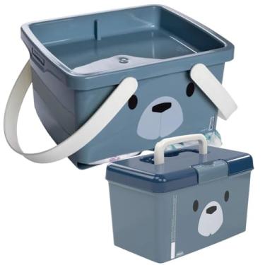 Imagem de Conjunto Infantil Porta Fraldas Descartáveis com abertura tipo fenda, Tampa com travas e Alças de Transporte + Maleta Farmácia com Tampa Basculante, Trava de Segurança e Alça de Transporte - Ambos na cor Azul com decoração Urso