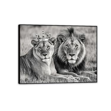Imagem de Arte de parede em tela de leão e leoa rei e rainha com coroa pintura animal africana arte para sala de estar quarto 65 x 50 cm (26 x 19 pol) moldura preta