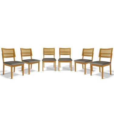 Imagem de Kit Com 6 Cadeiras Aline Madeira Maciça Assentos Estofados Encostos De Tela Palha Sextavada