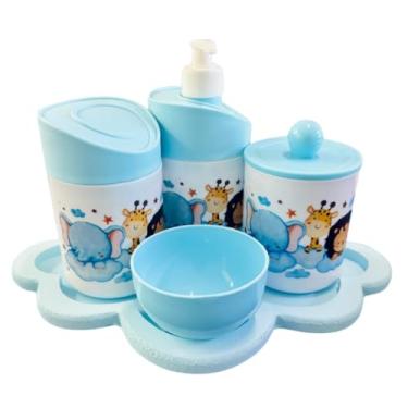 Imagem de Kit Higiene Bebê Safari Hora Do Sono C/bandeja MDF (Nuvem Azul/Azul)