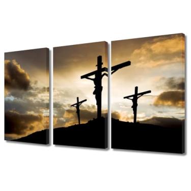 Imagem de Imagens Cristãs para Parede Três Cruzes ao Pôr do Sol Pinturas 3 Painéis Arte em Tela Moderna Arte de Parede Decoração de Casa para Sala de Estar Giclée Cartazes Emoldurados e Impressões Pronto para