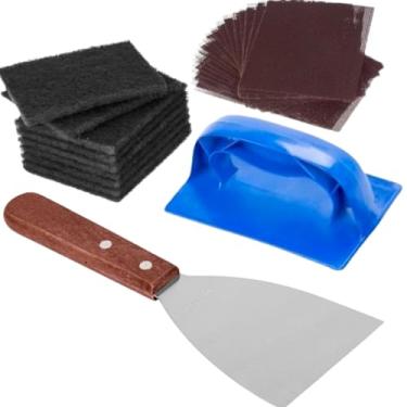 Imagem de Conjunto de raspador e suporte de grelha resistente – Kit de limpeza de chapa plana com ferramenta raspadora, 10 almofadas de limpeza de grelha, 20 telas de grelha – Limpador de chapa de cozinha