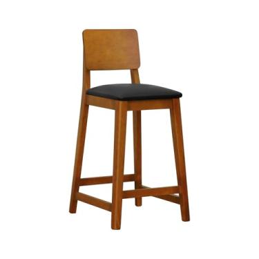 Imagem de Banqueta Lyon Madeira Maciça com Encosto Anatômico e Assento Estofado com 68cm Altura - Amêndoa Assento Estofado Corano Preto