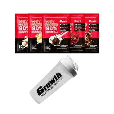 Imagem de Combo - Whey Protein Concentrado 30g em Sachê (5un - sabores diversos) + Coqueteleira 600ml Branca - Growth (único, Chocolate, beijinho, cookies, milkshake de chocolate e mousse de maracujá)