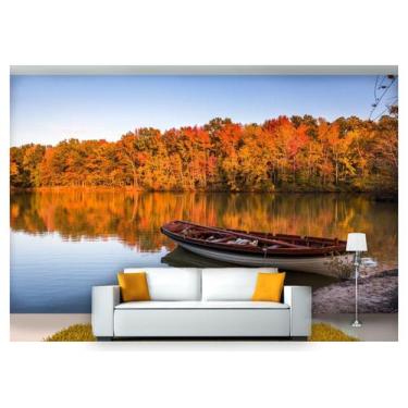 Imagem de Papel De Parede Lago Canoa Árvore Outono 3D Nlk144 - Você Decora