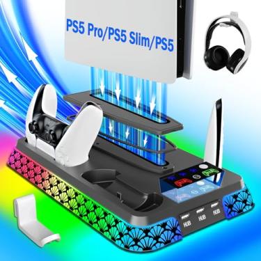 Imagem de PS5/Slim/Pro Stand and Cooling Station with LED Controller Charging Station for PlayStation 5 Console,Accessories Incl.Controller Charger,PS5 Cooling Fan,Headset Holder,3 USB Hubs (firework-black)
