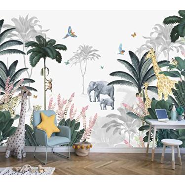 Imagem de Reyhui Papel de parede infantil folhas tropicais e animais de safári papel de parede mural para quarto TV fundo sofá parede (não autoadesivo)