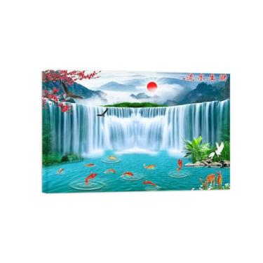 Imagem de MUHJDYC Paisagem quadros - lago cascata Koi flores-natureza impressão em tela-panorâmica imagem decoração sala de estar quartos 80 x 120 cm - 31 x 47 in tela embrulhada