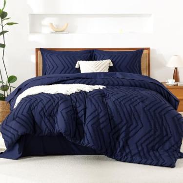 Imagem de Litanika Conjunto de edredom super king size com lençol azul marinho – 7 peças, cama em um saco, tamanho king grande, boho, tufado, conjunto completo com edredom, lençóis, fronhas e fronhas