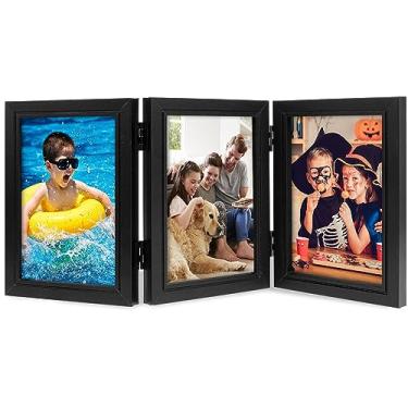 Imagem de HGQiviut Porta-retrato dobrável de 10 x 15 cm, moldura de madeira articulada com 3 aberturas, molduras dobráveis de 180° para colagem de fotos de família com acrílico (preto, 1 pacote)