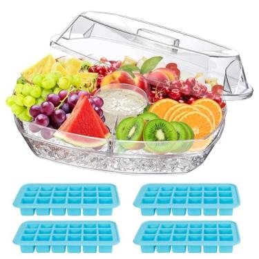 Imagem de Bandeja de servir gelada, bandeja de aperitivo no gelo, travessa de festa gelada com 4 bandejas de cubos de gelo, bandeja de vegetais para festa, prato de coquetel de camarão