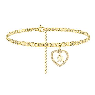 Imagem de Tornozeleira Inicial Estendal 14K Banhado a Ouro Zircônia Cúbica Coração Pingente Marinheiro Corrente Tornozelo Pulseiras 26 Letras Alfabeto Pé Joias Presente para Mulheres