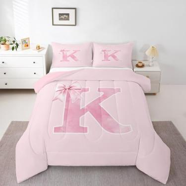 Imagem de Erosebridal Conjunto de edredom solteiro com laço rosa, monograma personalizado, presente de cama para mulheres e adolescentes, colcha com letra K, laço inicial, presentes de aniversário, decoração de