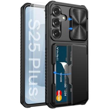 Imagem de Vihibii Capa para Samsung Galaxy S25 Plus com suporte para cartão (4 cartões), protetor de tela de vidro temperado embutido 2x e capa de câmera deslizante, capa de telefone robusta e à prova de choque