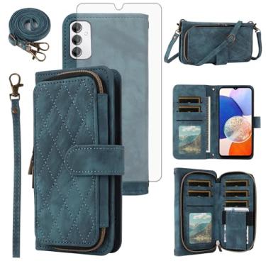 Imagem de Capa de celular para Samsung Galaxy A14/M14 5G carteira celular com protetor de tela de vidro temperado alça transversal alça flip suporte zíper bolsa porta-cartões slot dinheiro A 14 4G 14 A 14 M G5