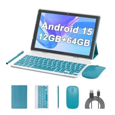 Imagem de Tablet de 10 polegadas Android 15 (não vai), tablets 2 em 1 com teclado 12 GB de RAM + 64 GB de ROM (suporta expansão de 1 TB) Tableta 2 MP + câmera de 8 MP 6000 mAh, mouse/capa/Stylus 5G Wifi-6