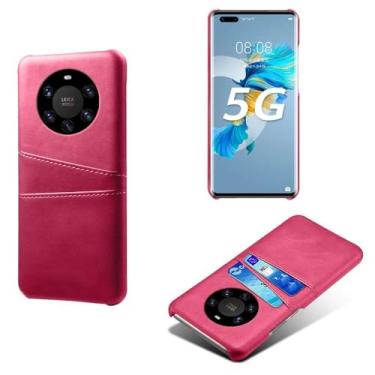Imagem de Capas Compatível com HUAWEI MATE 40 Pro Plus,Caso de couro PU-Tampa de telefone a prova de choque com 2 slots de cartão,Proteção anti-impressão digital e anti-gota-Rose Red