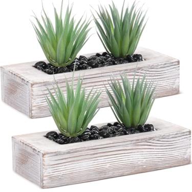 Imagem de Hotop 2 peças de plantas de grama verde artificial em vaso decorativo de madeira, caixa retangular de madeira para mesa de centro de mesa (24 cm, cinza)