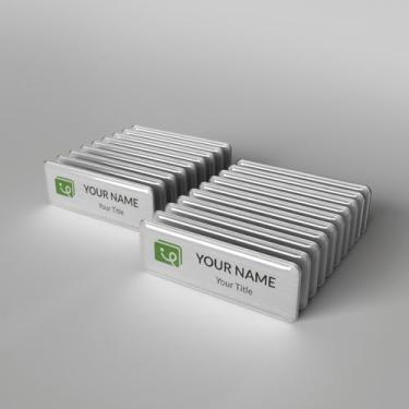 Imagem de Crachás de metal reutilizáveis de 2,5 cm x 7,6 cm - Kit de 20 crachás (placas, inserções, ímãs, capas de lente, software) (placa prata com folha de inserção para impressora a laser)